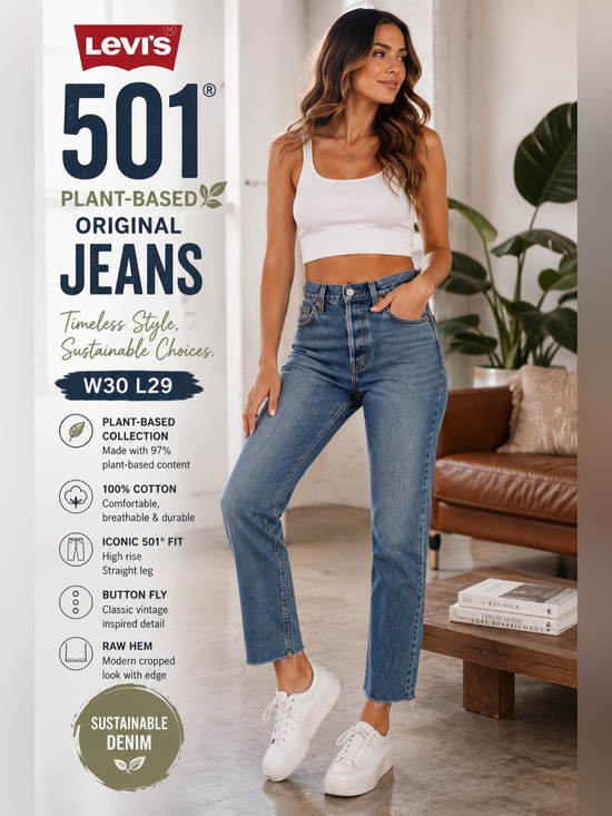 Levi's Denim - Levi’s 501 Plant-Based Straight Leg Jeans Button Fly Raw Hem Women’s W30 L29